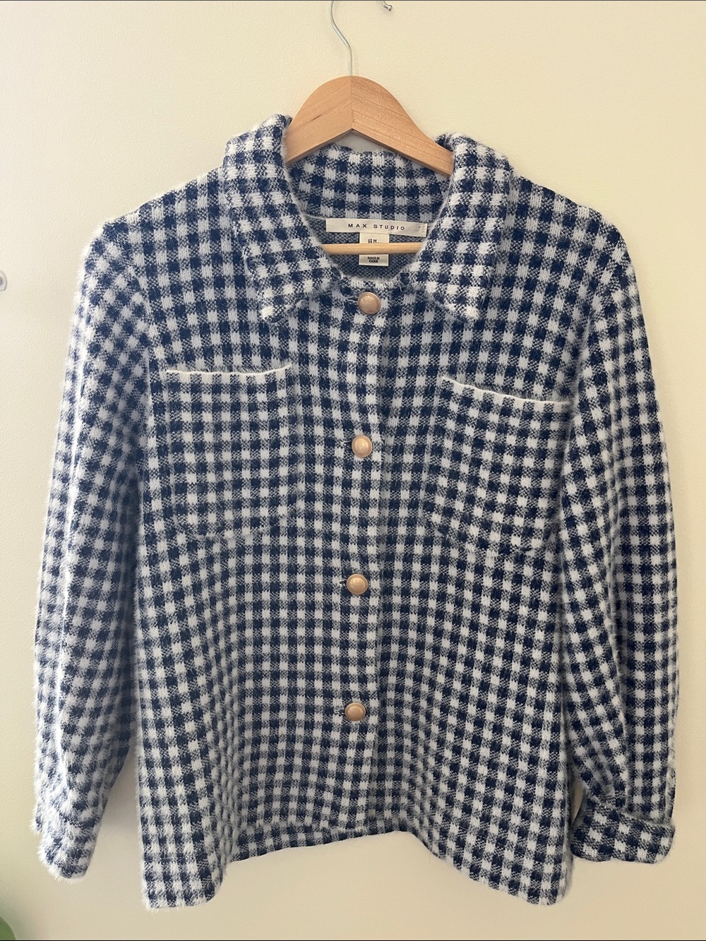 Max Studio Navy and White Gingham Button Front Jacket